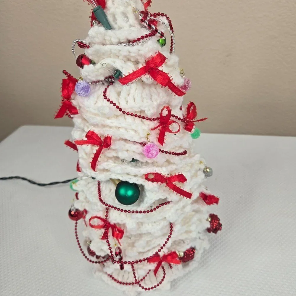 Vintage 80s Crochet Handmade White Christmas Tree Red Ribbons Ornaments Lights U